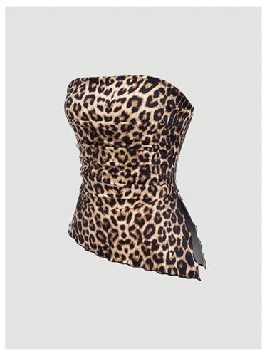 WDIRARA Women's 3 Pack Leopard Print Ruched Strapless Tube Top Asymmetrical Lettuce Trim Bandeau Tops3