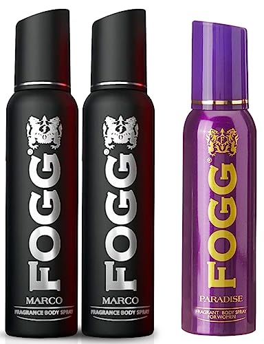 Image of Fogg Marco Perfume Body Spray For Men (Black), 150ml Each (Pack of 2) & Fogg Paradise Fragrant Body Spray for Women and Spray, 150ml
