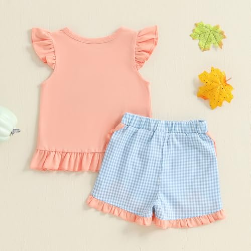 Rtnnsbbfcm Toddler Baby Girl Halloween Outfit Pumpkin Embroidery Fly Sleeve T-shirt Top Plaid Shorts 2Pcs Set3