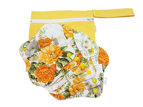 Lilind® 6 Pack Organic Cloth Pads, Regular 9 inch 100% Cotton Reusable Menstrual Sanitary Napkins, Free Wet Bag, Complete Set, Zero Waste