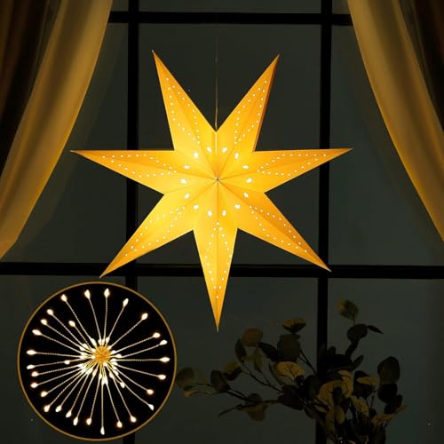 Farol de estrella de papel, 7 puntas con 8 modos de 50 luces LED, luces de hadas de fuego, luces de estrella huecas, decoración colgante para interiores y exteriores, bodas, fiestas de Navidad
