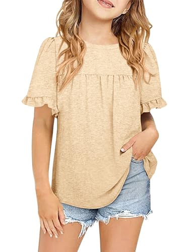 Image of Ebifin Girls Short Sleeve Tops Kids Peplum Babydoll T Shirts Tees 4-15Y | Girls T-Shirts, Crew neck Short Sleeve Shirts, Casual Tunic Tops, Cute Blouses, Summer Tees, Ruffle Hem, Loose fit