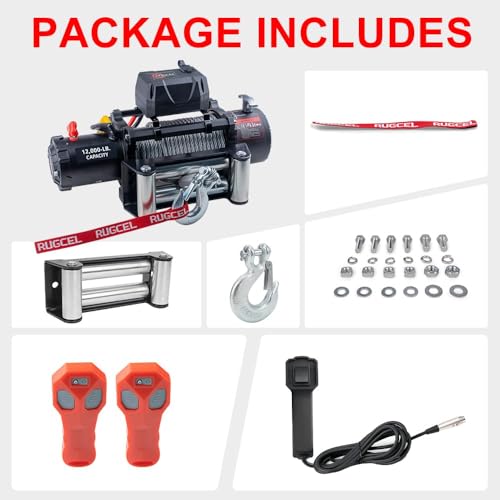 RUGCEL Winch 12000lb 12V con cable de acero negro miniatura 4