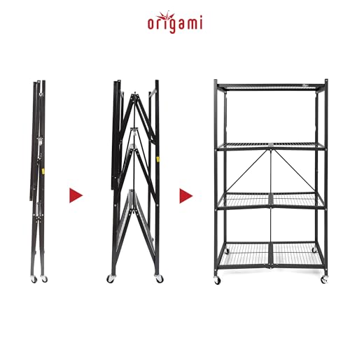 Image of Origami 3 Pack 4 Tier Foldable Metal Garage Storage Shelf Rack, Wheels & Powder Coated Steel, Black