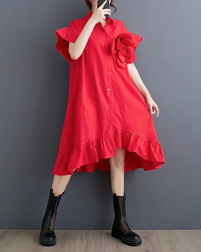 ellazhu Women's Dress Loose Irregular Ruffle Hem Flower Button Down V-Neck Short Sleeve Shirt GZ2104