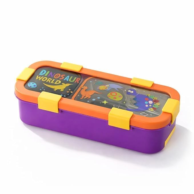 Image of Homeoculture Stainless Steel Kids Lunch Box 2 Compartment 500ml | Pink Astronaut Cartoon Tiffin Box with Spoon & Fork | Leakproof BPA-Free Food Container for Boys & Girls School Use (Dino)