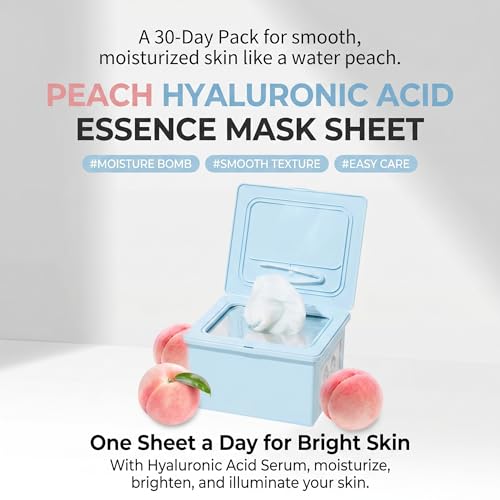 Image of esfolio Made in Korea Pure Skin Facial Mask Sheet, 30 Sheets - Peach Hyaluronic Hydrating Face Mask for Smooth, Soft, and Supple Looking Skin - Korean Skincare Daily Sheet Mask Pack