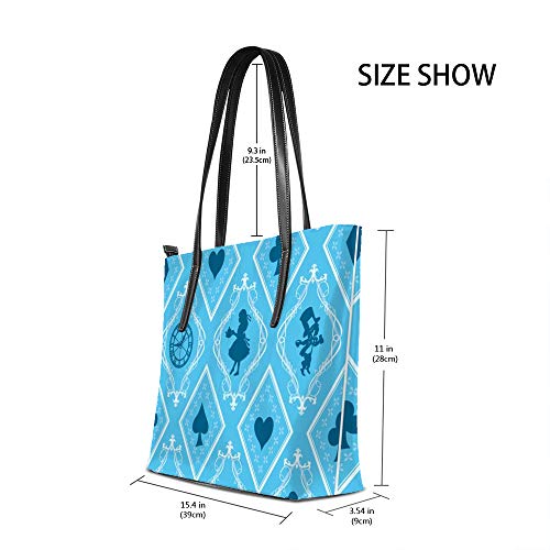 Kuizee Tote Handbag Shoulder Bags Zipper ﻿Wonderland Blue Big Capacity Pu Leather Decoration Casual School Shopping Fashion 15.7In #TOP1