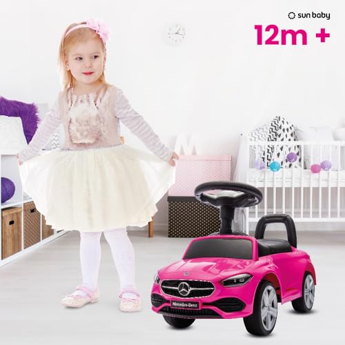 sun baby Rutschauto ab 1 Jahr Mercedes C-Class, Kinderfahrzeug für Jungen und Mädchen mit Audio-Lenkrad, Ablagefach, Kippschutz (Rosa) – Bild 6