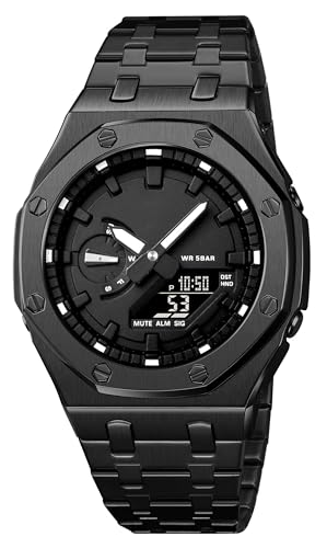 Findtime 腕時計 メンズ 多機能 デジタルウォッチ アナログ時計 大型フェイス ステンレスベルト スポーツウォッチ 世界時間 ワールドタイム サマータイム カウントダウン ストップウォッチ 防水50M LEDライト 日付/曜日表示 金属風デザイン