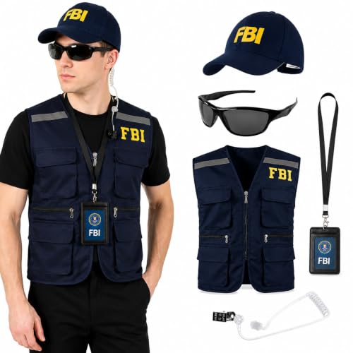 Maazusa 5PCS FBI Costume Outfit for Men Women Agent Vest Hat Badge Sunglasses Earpiece Set Police Detective Spy Cosplay Accessories for Halloween Dress Up Party