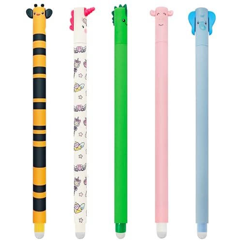 GDFJBG Bolígrafos de gel borrables paquete de 5 con tinta de borrado termosensible, tinta de y una gama de diseños de cuerpo, punta de 0,5 mm