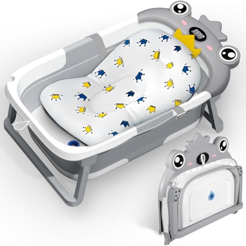 ZHHGOO Vaschetta Bagnetto Neonato Pieghevole, Vasca Neonato Bagnetto con Termometro E Cuscino Staccabile, Bagnetto...