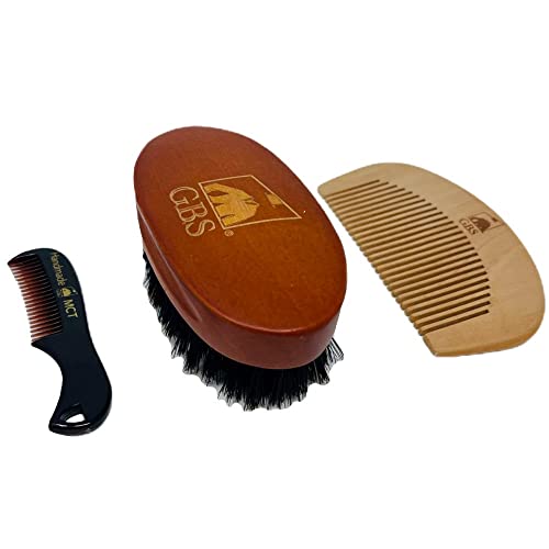 G.b.s Combo Beard Grooming Set, Oval Wood Beard Brush With Boar Bristles 4 1/2" X 2 3/8", All Fine Wood Beard Comb 2" X 4" & Tortoise Pocket Beard And Mustache Comb Effortless Glide #TOP1