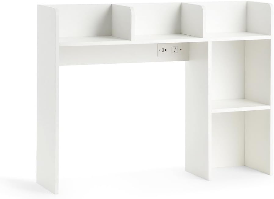 Classic Dorm Desk Bookshelf with Outlet - White