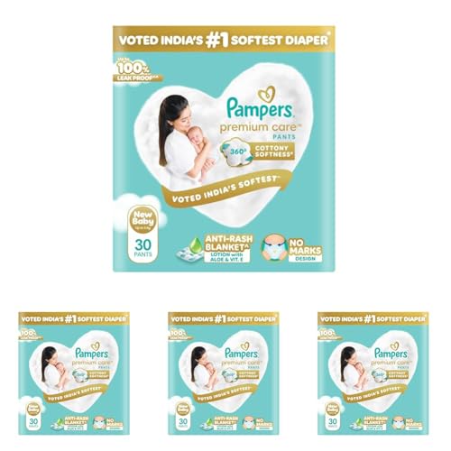 Image of Pampers Premium Care Pant Style Baby Diapers XS 30 Count | No Marks Design | Voted India's #1 Softest Diaper | All in 1 diaper with 360 Cottony Softness (Pack of 4)