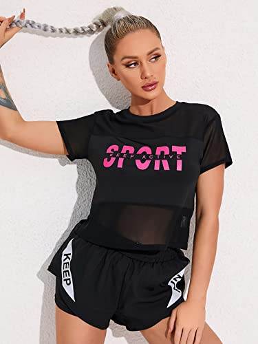 Makemechic Women's Workout Athletic Shirts Letter Graphic Mesh Insert Short Sleeve Crew Neck Stretch Sports Crop Tops Black L #TOP2