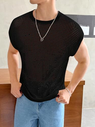 Verdusa Men's Hollow Out Round Neck Sweater Cap Sleeve Casual Knit Top3