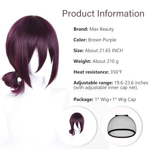 Image of LABEAUTE Reze Wig Short Deep Purple Anime Wig for Girls Women Synthetic Cosplay Wig with Ponytail for Halloween Party Wig + Cap