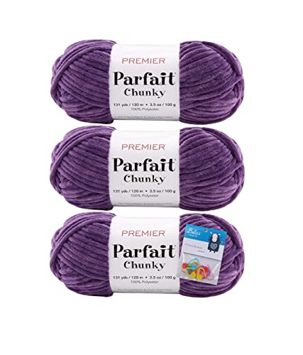 Image of Premier Yarns Parfait Chunky Chenille Yarn 3.5 Oz 6 Super Bulky Weight 3 Pack Bundle with Bella's Stitch Place Holders (Iris)