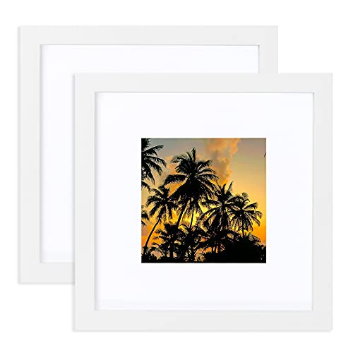 HOSTIC 7x7 Picture Frames 4x4 with Mat White Set of 2 Wooden Wall and Tabletop Photo Frame