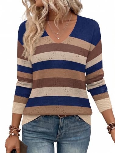 Image of Zeagoo Womens Sweaters Fall Trendy Casual Long Sleeve Shirt Lightweight V Neck Off Shoulder Crochet Pullover Top Outfit