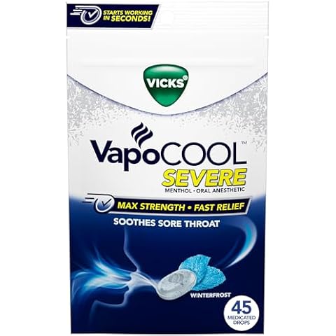 Vicks VapoCool Severe Medicated Sore Throat Drops, Max Strength Menthol, Soothes Sore Throat Pain, Winterfrost Flavor, 45ct Cover