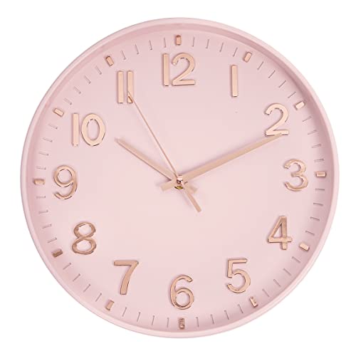 HZDHCLH Wall Clock 12 Inch Silent Non Ticking Clock for Living Room Bedroom Kitchen Office (Pink-Rose Gold)