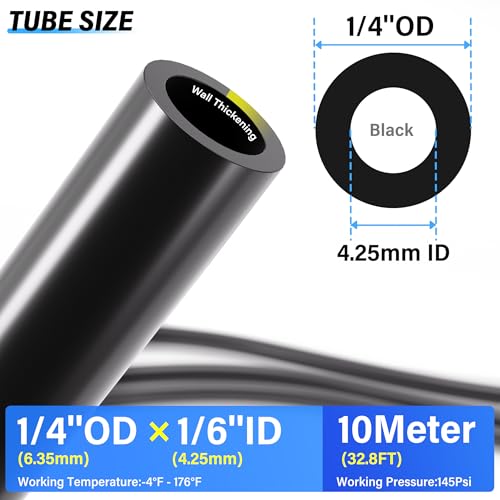 Image of TAILONZ PNEUMATIC Black 1 /4 Inch OD 10 Meter 32.8ft PU Polyurethane Air Tubing Kit Pipe Hose Air Line Tubing Air Hose Fittings Push to Connect Fittings(27PCS)