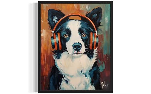 Image of Border Collie Music Headphone Wall Black Framed Art Print Poster, Dog Pet Lover Picture Painting Artwork Bedroom Living Room Office Dining Room 150D (Border Collie Music Headphone, 14 inchL x 11 inchW, Black Frame)