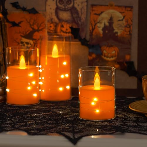 Image of Flameless Flickering 3 inch x4 inch 5 inch 6 inch Clear Plastic Orange 11-Key Remote Candles with Light Strings, LED Battery Operated Cycle Timer Pack of 3 Candles for Halloween Festival Decor