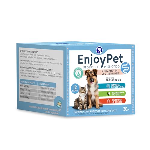Enjoypet 30 Buste Da 1 Gr Probiotici Per Cani Gatti Di Tutte Le Età, Probiotico Digestivo Per Intestino E Salute Intestinale,Fermenti Lattici Cane, Con D Mannosio Per Cistite E Benessere Vie Urinarie
