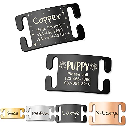 Anavia Slide On Silent Pet ID Tags, Fun Wild Flower Frame Design Personalized Engraved Plated Stainless Steel Cat Dog Name Tags, Glossy Customized Chew-Proof Quiet Dog Collar Tags (X-Large, Black)