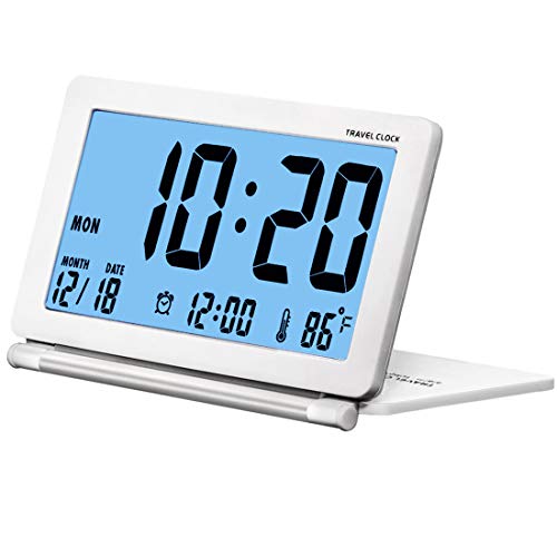 SESTP Digital Travel Clock with Blue Backlight Battery Operated Calendar Temperature Large Number Display Ideal for Kids and Elder (White)