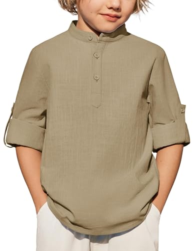 Arshiner Boys Cotton Linen Henley T-Shirt Long Sleeve Button Down Hippie Casual Beach Tee Tops Size 10-11, Khaki