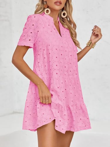 Image of Imily Bela Womens Summer Lace Dresses Eyelet Casual Flowy Babydoll Swing Short Sleeve V Neck Tunic Dress