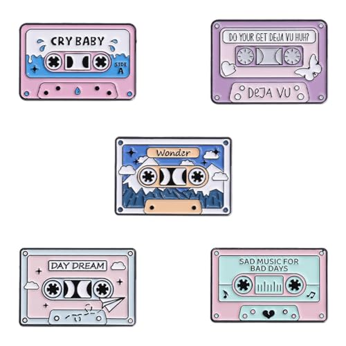 Image of Pink Cartoon Retro Magnetic Tape Brooch Set - 5 Count Unisex Pins for Men Women Gift - Vintage Music Tape Lapel Pin for Jacket Shirt Hat Aesthetic Accessories