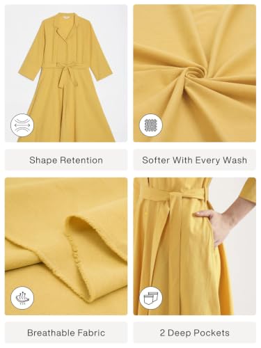 Image of SAADAA Women Cotton-Linen Blend Flared Dress | Midi Dress with 3 /4 Sleeves, Adjustable Waist Belt & Pockets | Below Knee Casual Dress for Office, Travel & Everyday Wear