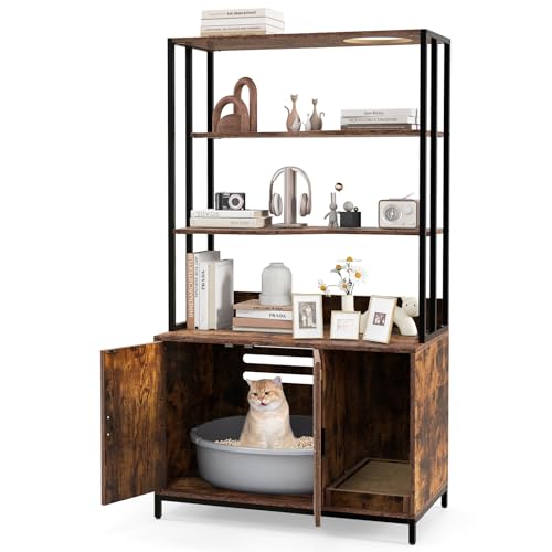 PETSITE Cat Litter Box Furniture with 3 Shelves and Doors, 61 inch Tall Cat Box Enclosure with Display Shelves, Scratching Pad, Indoor Hidden Litter Box with Decorative Storage Shelving (Rustic Brown)