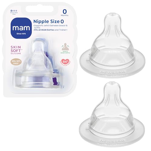 Image of MAM Baby Bottle Nipples Extra Slow Flow Size 0, for 0+ Month Babies, Skin Soft BPA Free Silicone, 94% Nipple Acceptance, Fits All MAM Bottles, Developed with Medical Experts, 2 Pack, Made in Europe