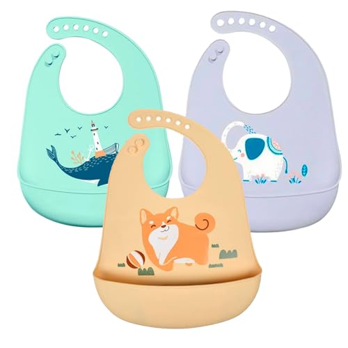 SLOSH Baberos Silicona Bebé Impermeables Flexible Suave de 6 Meses a 6 Años 1 año 2 años Grande Ajustable para Niño Unisex (Verde Gris Naranja)
