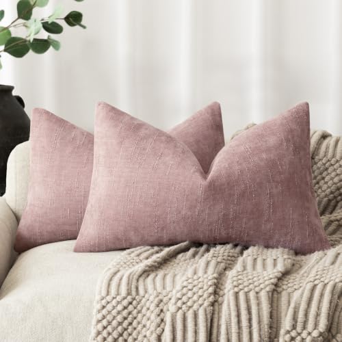 Image of Foindtower Pack of 2 Textured Chenille Throw Decorative Pillow Covers Square Accent Solid Cushion Cover Neutral Farmhouse Lumbar Pillow Case for Couch Sofa Bedroom Living Room 12x20 Inch,Dusty Rose