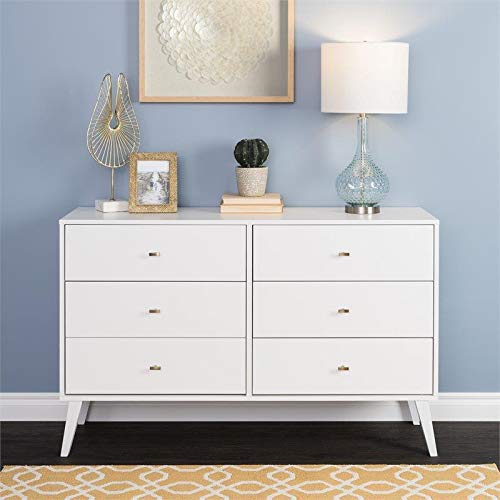 Prepac Milo Mid-Century 6 Drawer Double Dresser For Bedroom, 16" D X 52.50" W X 33" H, White #TOP1