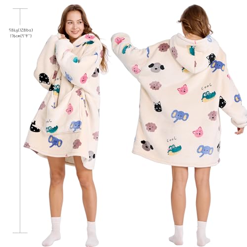 Aemilas Wearable Blanket Hoodie Gifts for Women and Men, Comfy Sherpa Hoodies Blankets Sweatshirt for Adult Teens Girls & Boys with Big Pet Pocket, Cartoon Animal Print — view 2