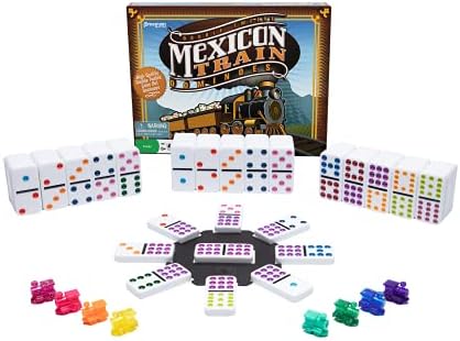 Mexican Train Dominoes - Beautiful Color Dot Double 12 Dominoes Set - Includes Train Markers and Hub by Pressman Multi Color, 5"
