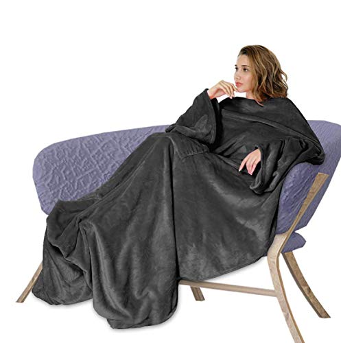 Osaloe Manta de Terciopelo Suave de 200 x 180 CM, Batamanta de Franela con Bolsillo, Manta para Cama y Sofá, Color Negro