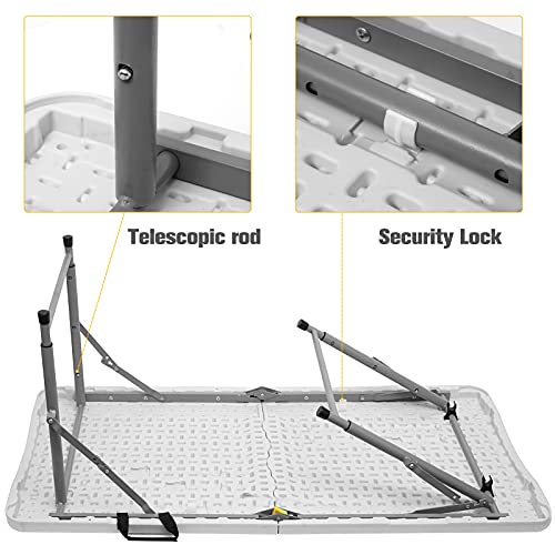Byliable Folding Table 4FT Portable Plastic Picnic Party Dining Camp Tables Indoor Outdoor, Height Adjustable Plastic Table, White Folding Card Table with Center Handle, No Assembly and Easy to Carry