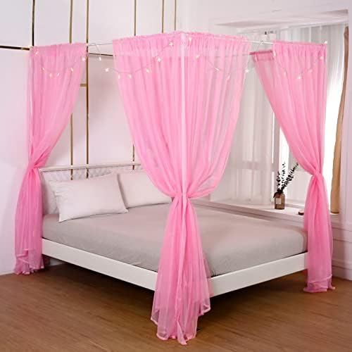 Akiky Bed Canopy Panels Canopy Bed Curtains with Lights for Girls Boys Adults,Home Decoration Set of 8 Panels (Full/Queen, Pink)