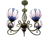 XOUVY Lustre de style Tiffany, éclairage de plafond en verre teinté au design créatif Lotus 5 bras, suspension d'art en fer antique pour salle à manger, salon, club E27, canal réglable