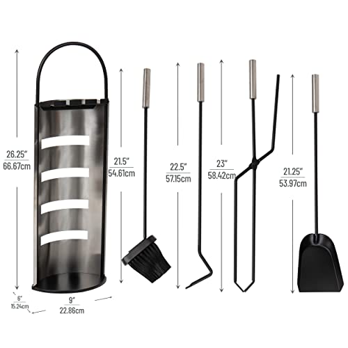 Mind Reader Coolfire4-Sil 4 Piece Stand Alone Fire Place Set, Steel Construction, Includes Stand, Brush, Shovel/Scooper, Poker, Tongs Black #TOP2